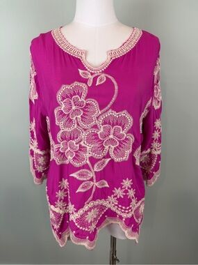 Anthropologie: Solitaire Embroidered Fuchsia Floral boho blouse size Large